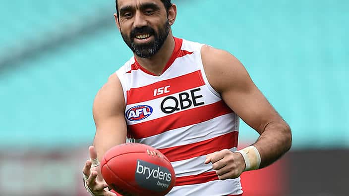 Sydney Swans AFL player Adam Goodes takes part in a training session in Sydney, Tuesday, Aug. 25, 2015. (AAP Image/Paul Miller) NO ARCHIVING