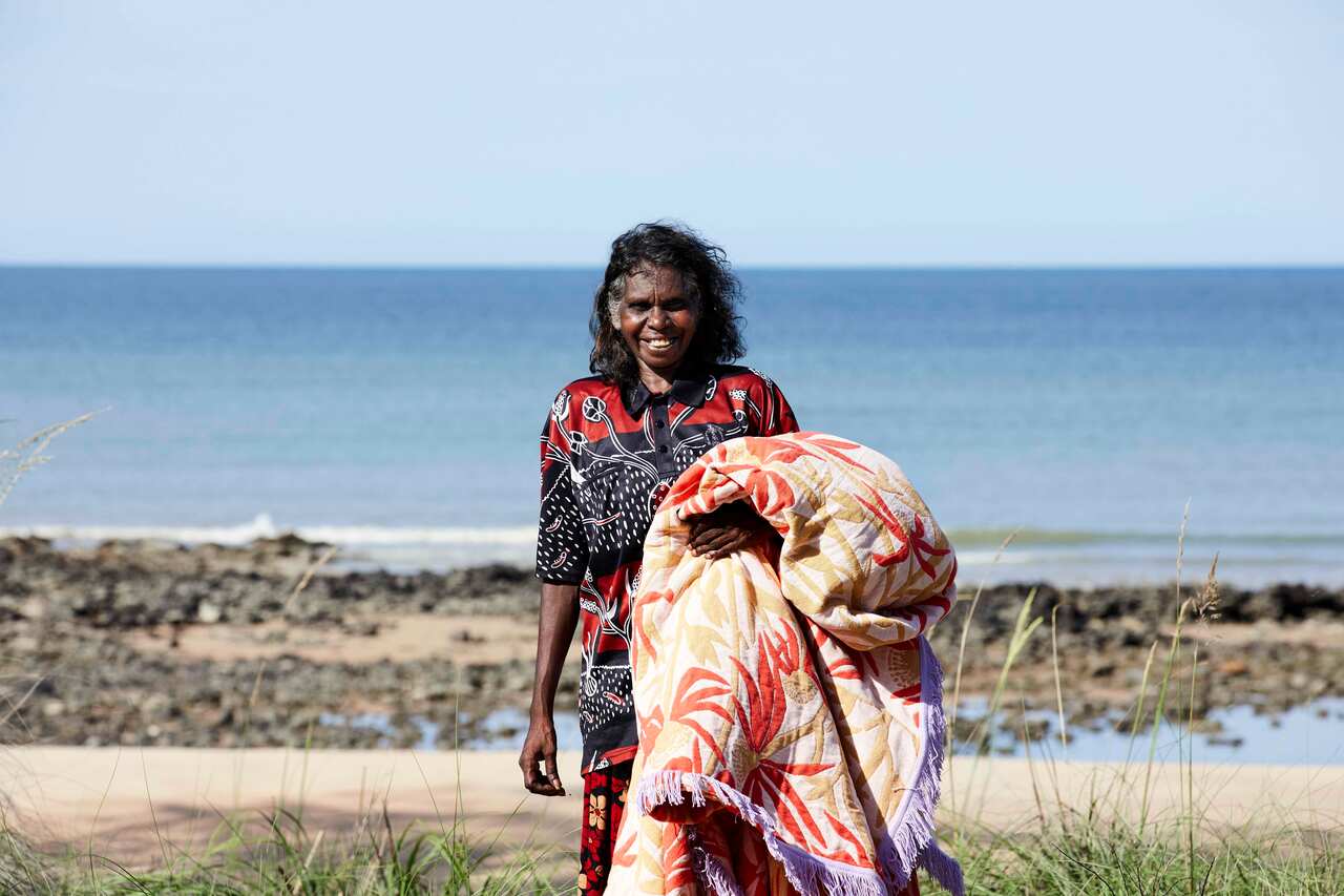 Deborah Wurrkidj with her design for the Babbarra x Kip&Co collaboration.