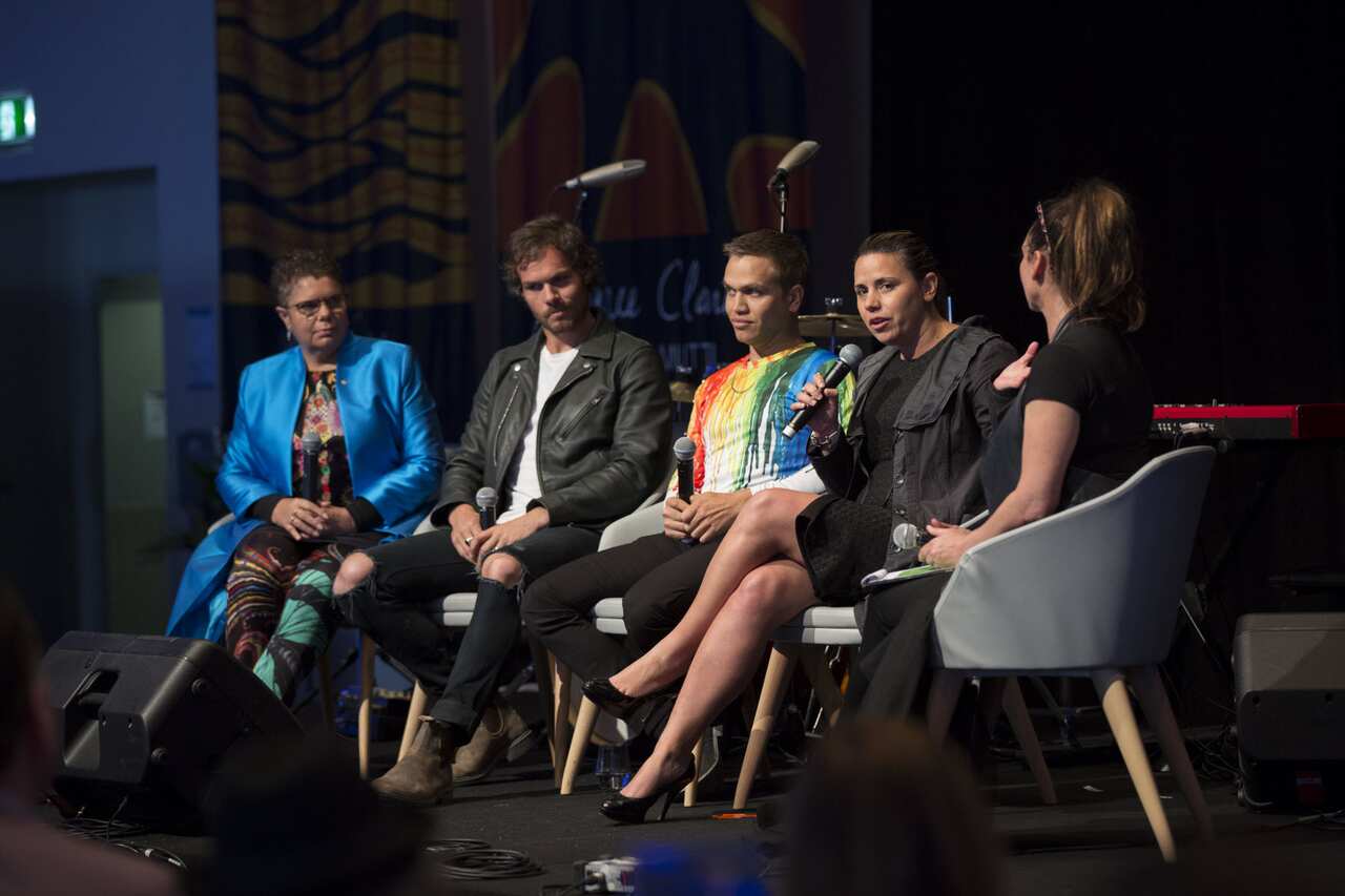 (L-R) Deborah Cheetham, Benny Walker, Mark Nannup, Tanya Orman and MC Tammy Anderson make up the panel at The Long Walk Women's Luncheon 2017