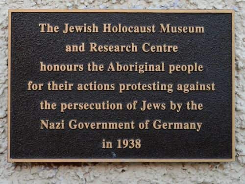 A plaque at the Melbourne Holocaust Museum commemorates an Aboriginal delegation attempting to present to the German consul general in 1938.