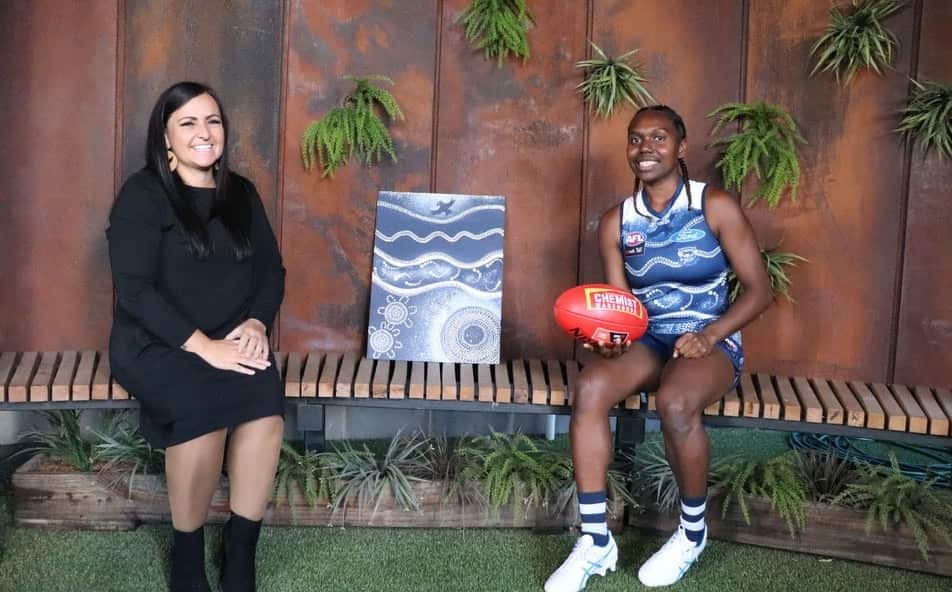 Designer Corrina Eccles with AFLW player Stephanie Williams with the design