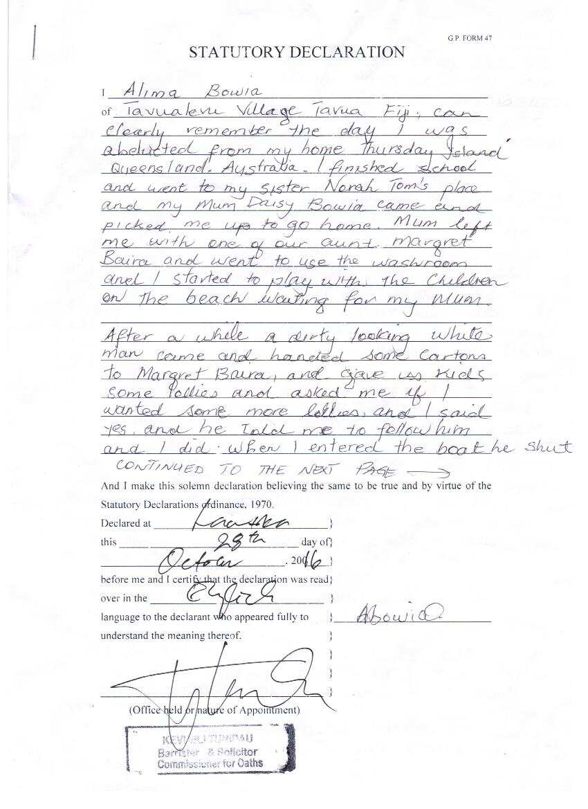 Flosy Ganier's statutory declaration