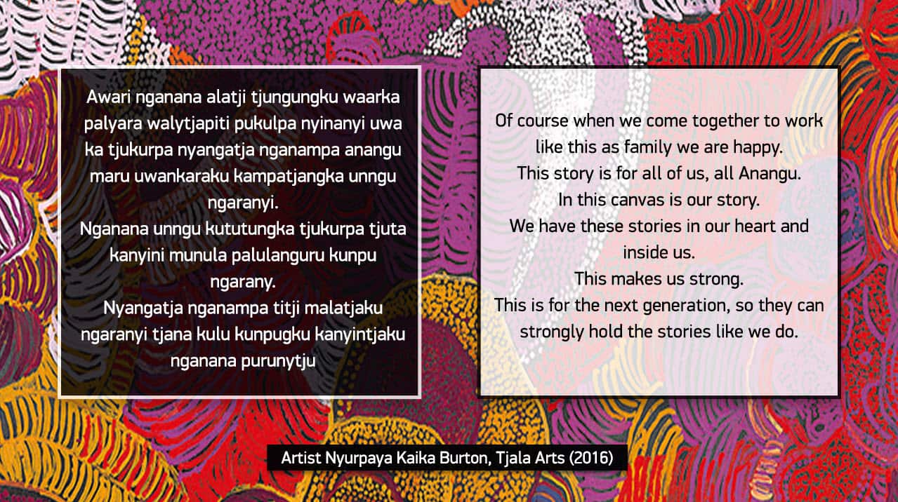 Artist Nyurpaya Kaika Burton, from Tjala Arts speaks about the significance of the women’s collaborative canvas painted in Kaltjiti in 2016.