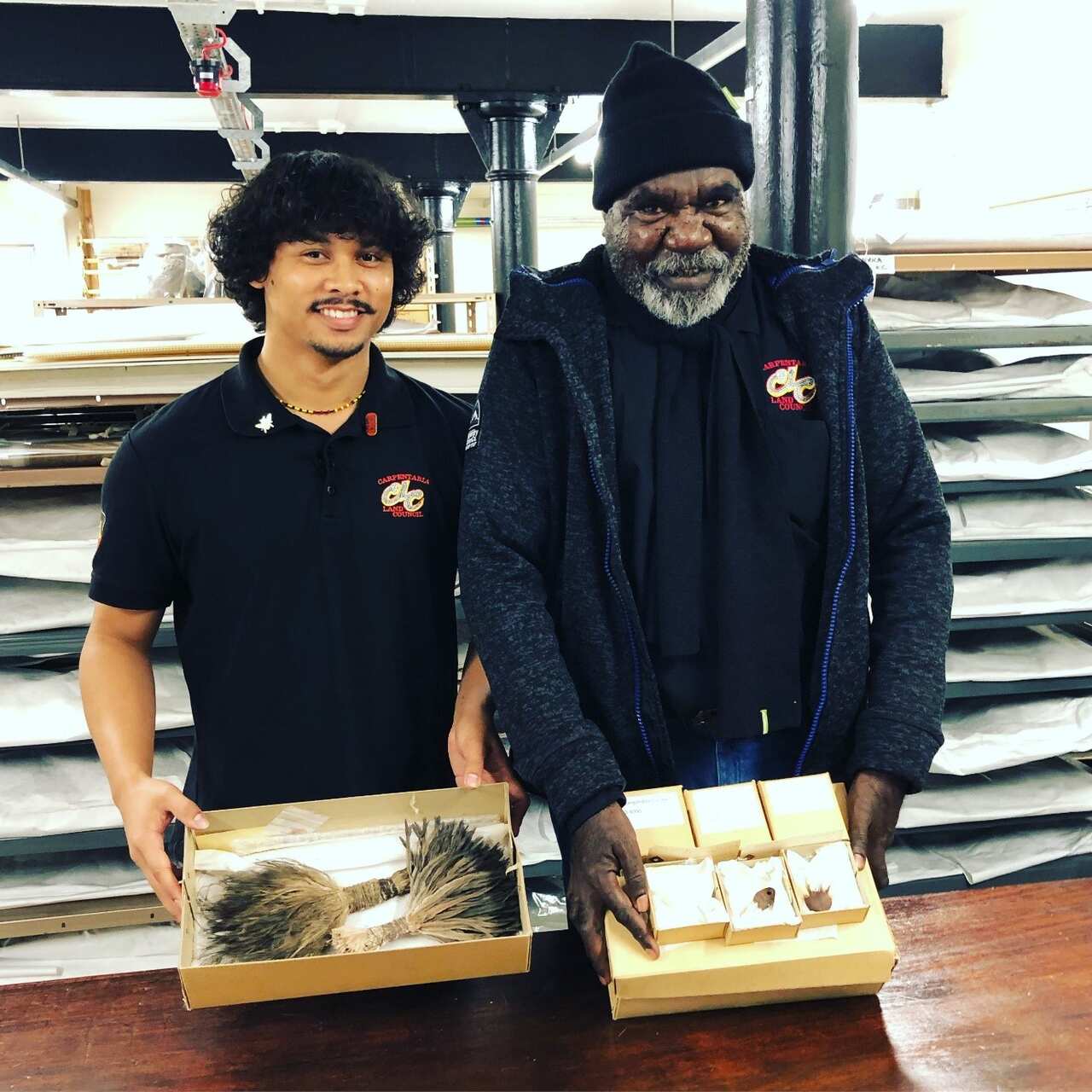 Mangubadijarri Yanner and Gangalidda & Garawa Senior Lore Man Uncle Donald Bob see the ancient artefacts for the first time.