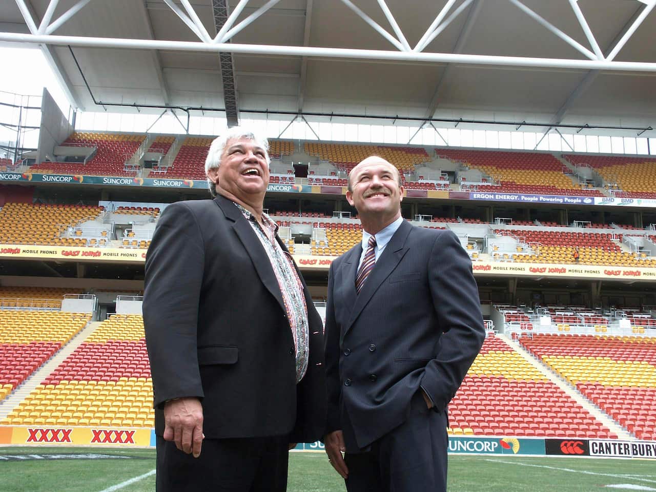 Rugby league legends Arthur Beetson (l) and Wally Lewis at the official opening of Suncorp Stadium today. Beetson was named as a Queensland Ambassador. (AAP Image/Gillian Ballard) NO ARCHIVING