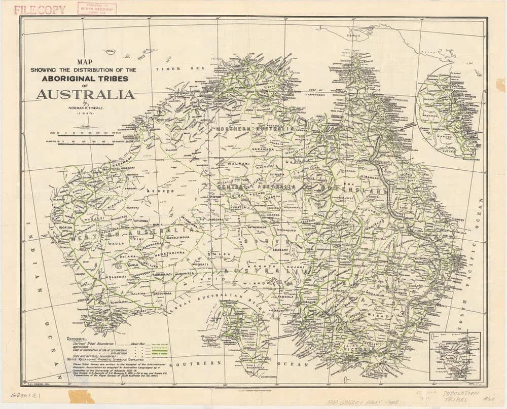 Anthropologist Norman Tindale’s 1974 map of Aboriginal languages. Held at the South Australia Museum
