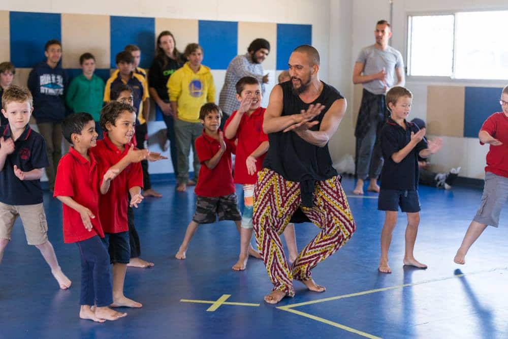 Bangarra dancer Waangenga Blanco teaching dance at a workshop in Marree SA