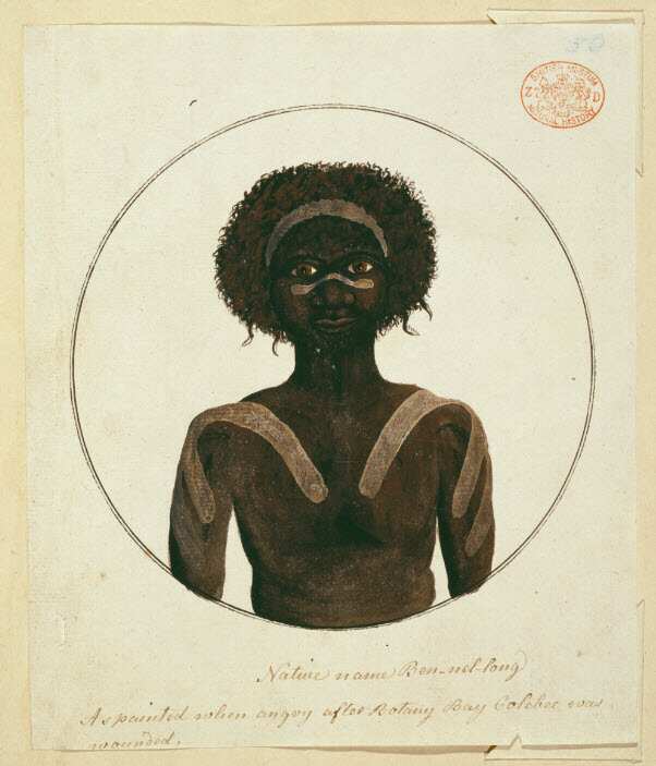 Drawing 41 from the Watling Collection titled 'Native name Ben-nel-long, as painted when angry after Botany Bay Colebee was wounded', by Port Jackson Painter.