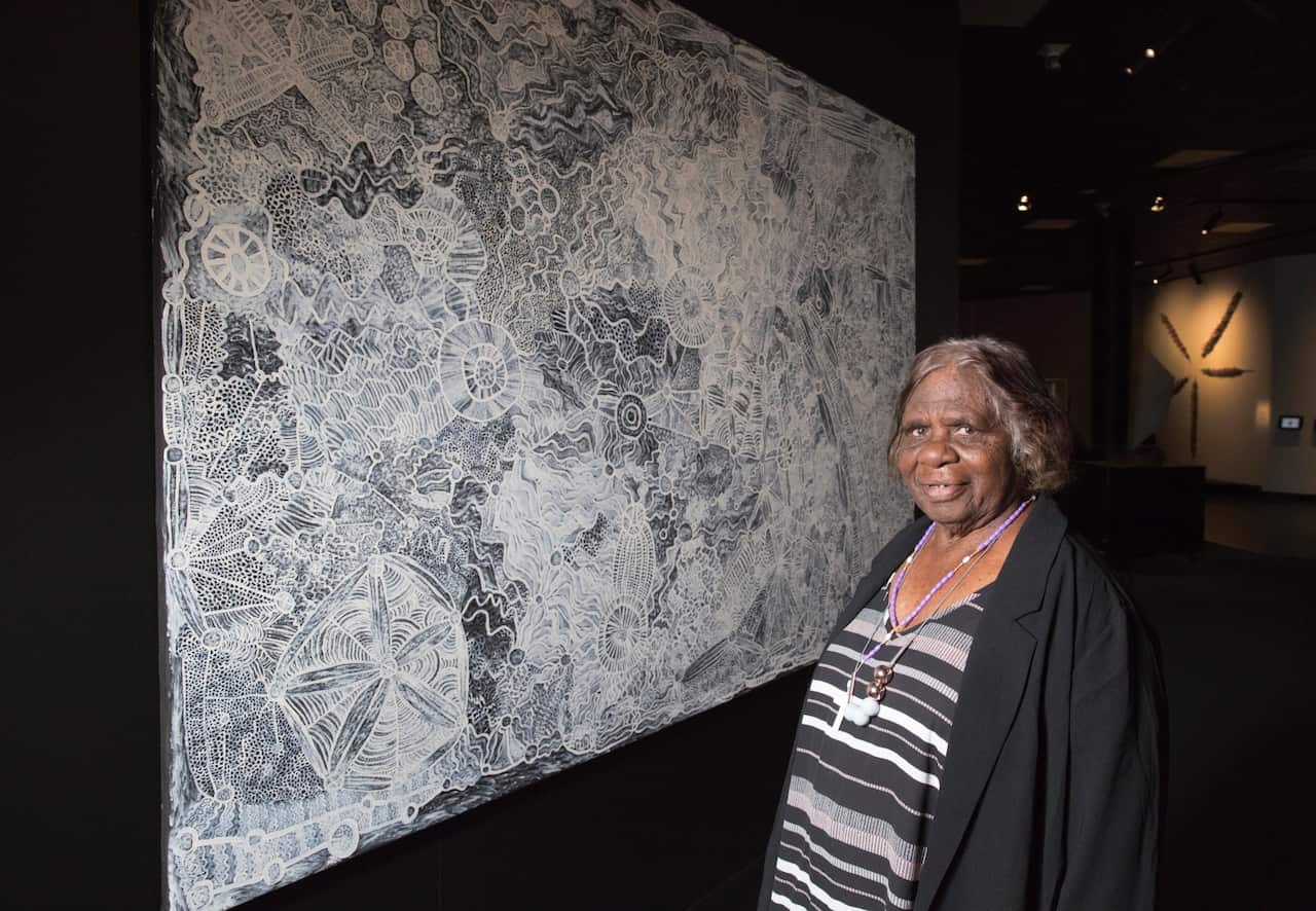 2017 Telstra National Aboriginal and Torres Strait Islander Art Awards, Telstra Emerging Artist Award winner Betty Muffler, with her work “Ngangkari Ngura (Healing Country). 