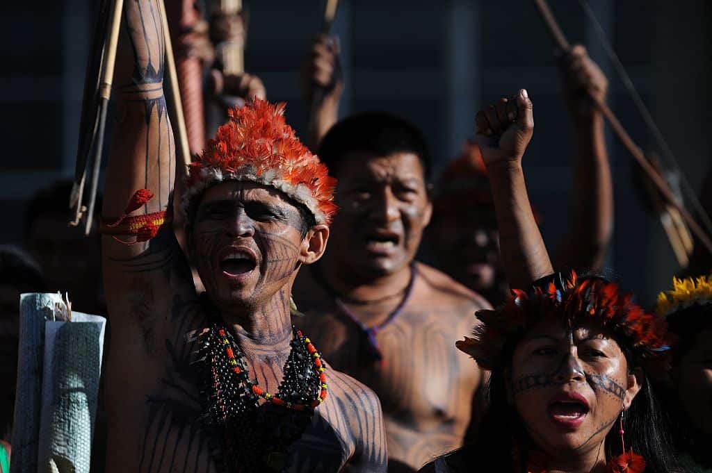 File image of a Sawre Muybu Munduruku tribe protest (2016) to demand their land demarcation and cancel a hydroelectric plant construction on the Tapajos River.