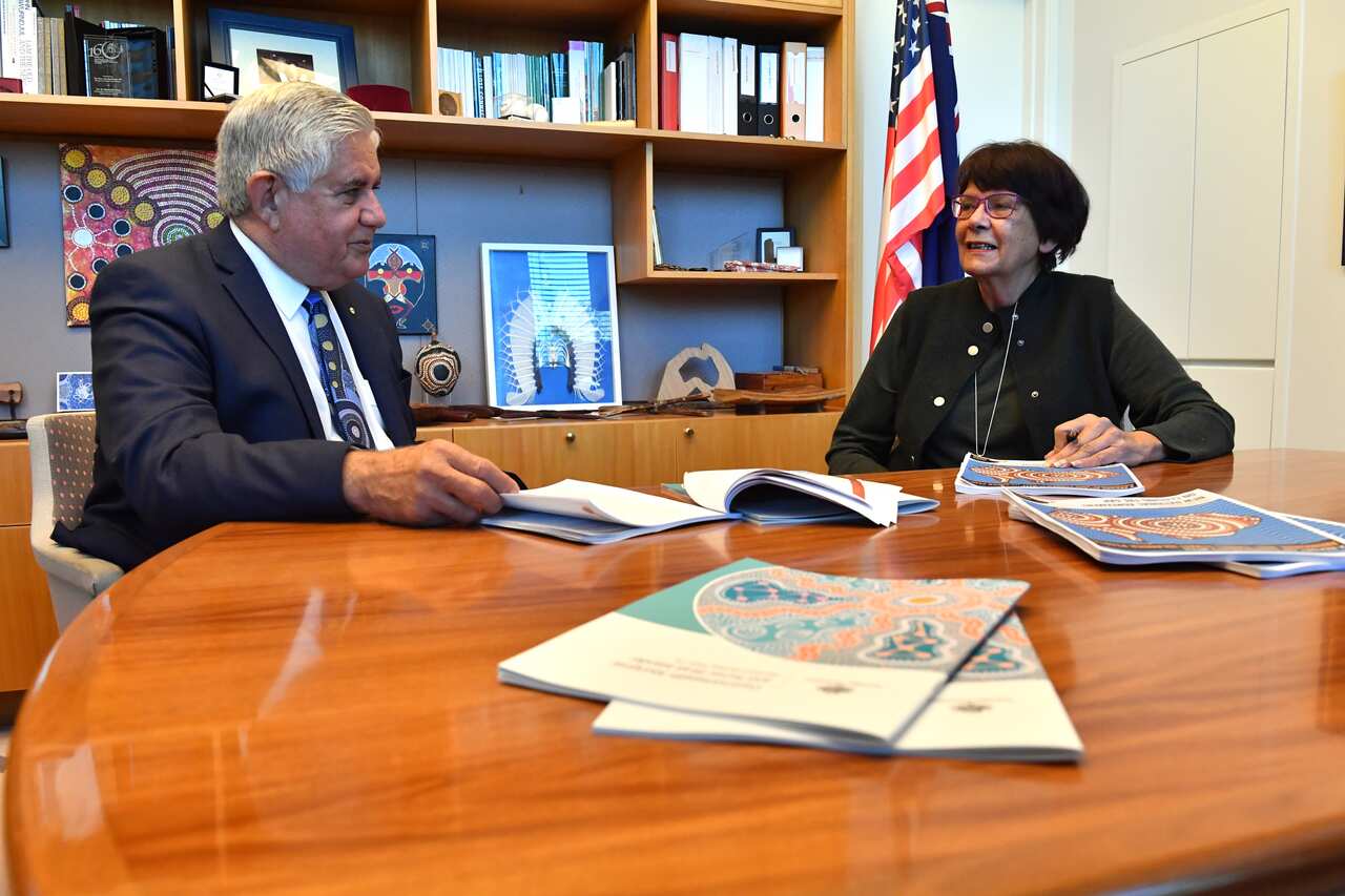 Minister for Indigenous Australians Ken Wyatt and Co-Chair of the Joint Council on Closing the Gap Pat Turner at a photo opportunity at Parliament House in Canberra, Friday, July 3, 2020. (AAP Image/Mick Tsikas) NO ARCHIVING