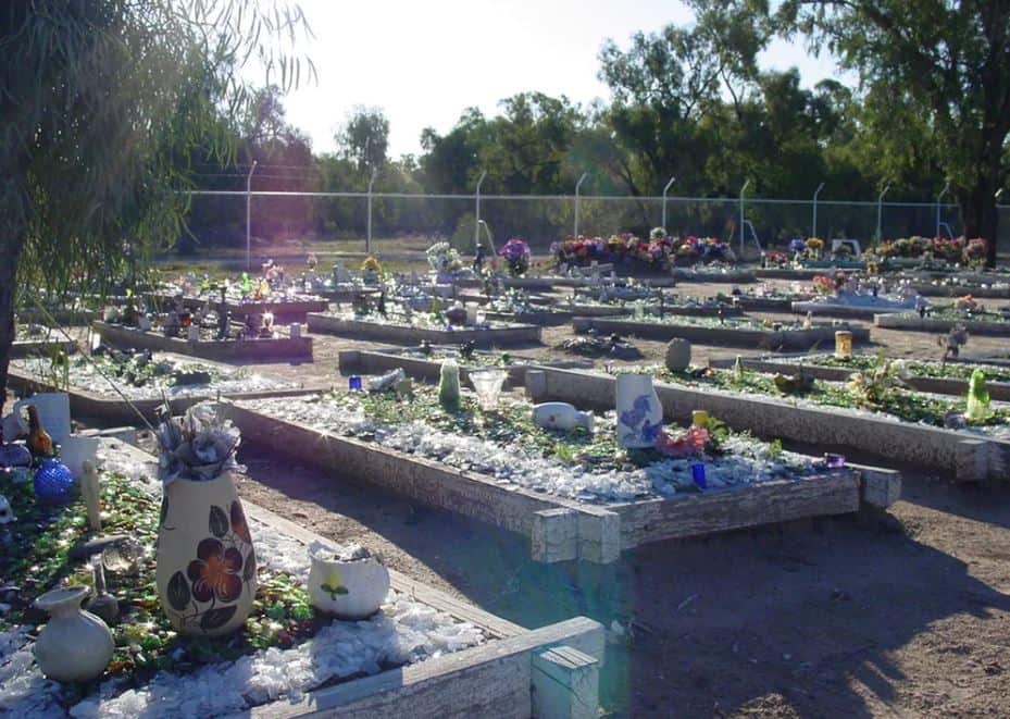 Decorated graves at the Collarenebri cemetery.