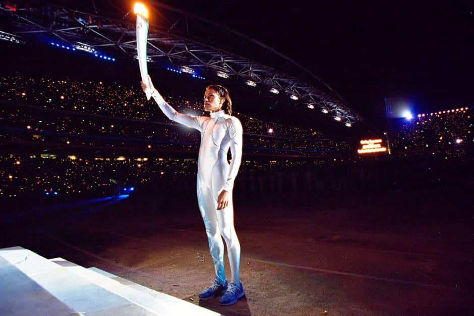 Cathy Freeman lighting the cauldron to open the 2000 Sydney Olympics