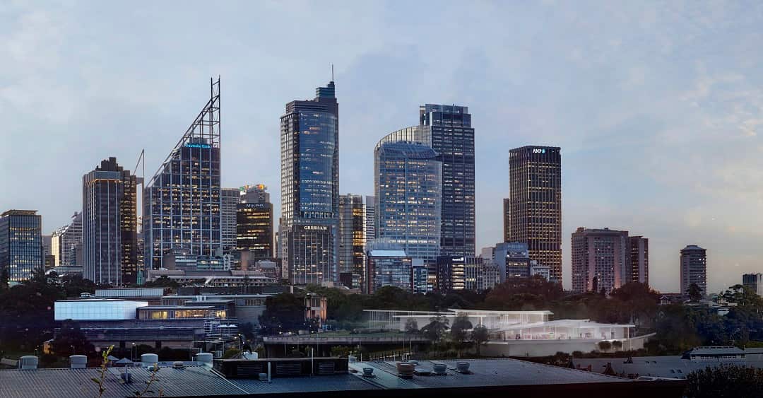 In progress image of Sydney Modern Project, close-up of dusk view from Woolloomooloo, as produced by SANAA.