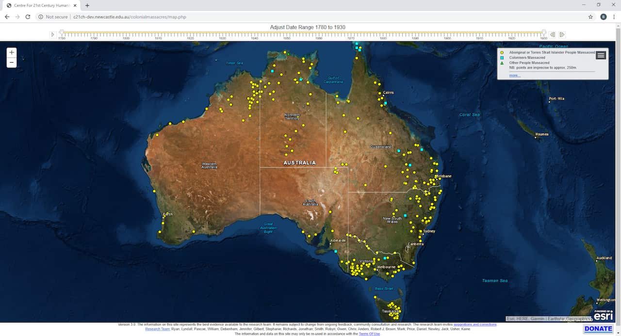 The research now reveals that at least around 8400 people were killed during 311 massacres that took place between 1788 and 1930.