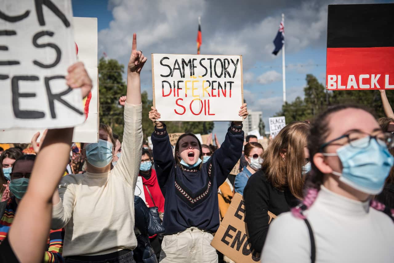 Thousands of protesters at Adelaide's Victoria Square demonstrating in support of the Black Lives Matter movement