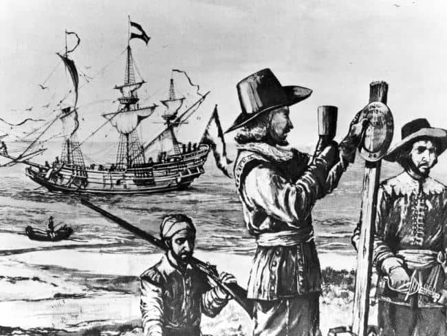 An illustration of Dirk Hartog during a Dutch exploration of Australia, 1616