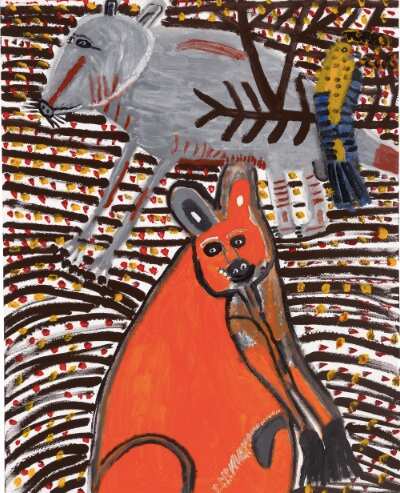 A supplied image made available Thursday, Feb. 19, 2009, of 'Dreamtime kangaroo and bird' by Trevor 'Turbo' Brown. 