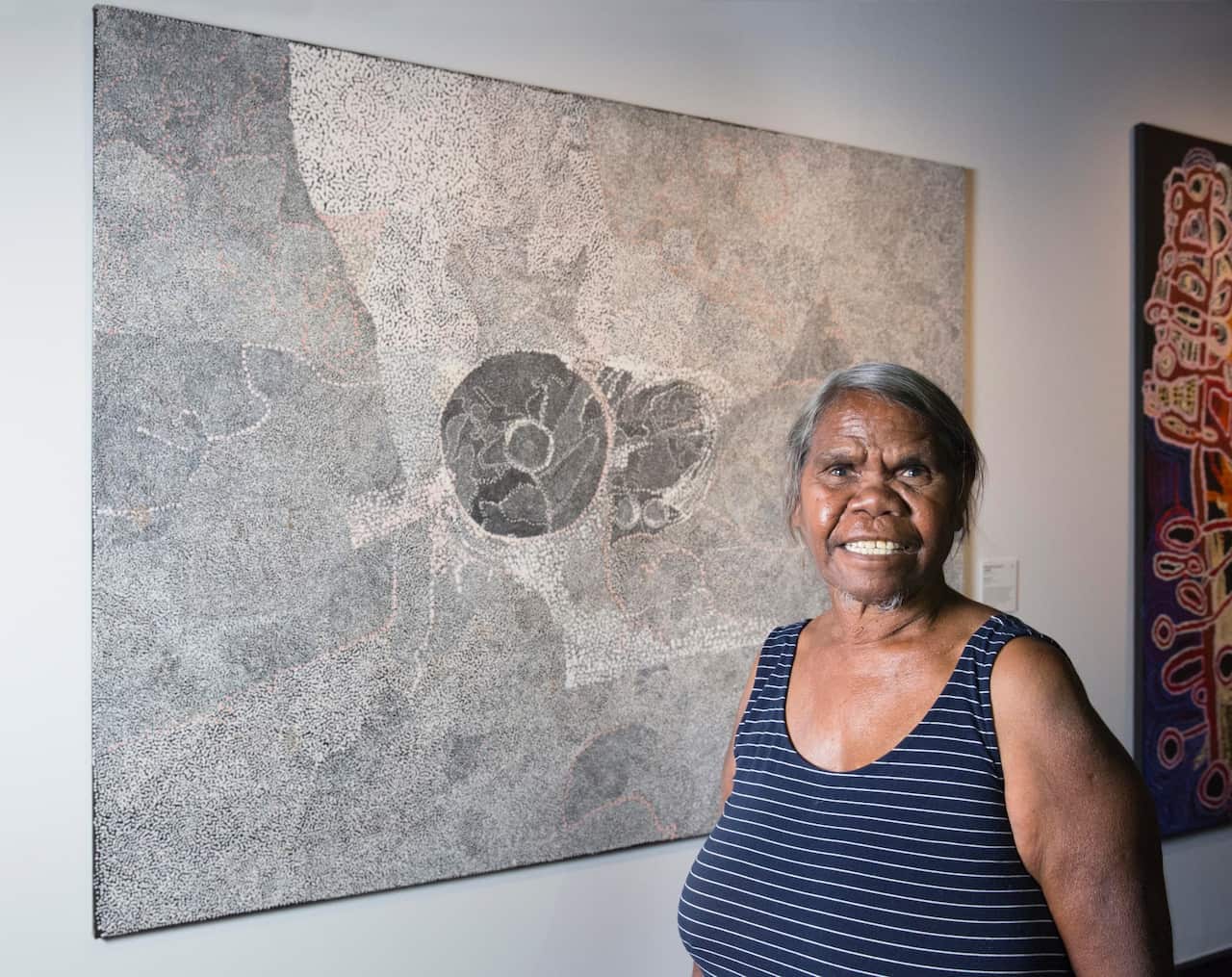 2017 Telstra National Aboriginal and Torres Strait Islander Art Awards, Telstra General Painting Award winner Matjangka (Nyukana) Norris, with her work “Ngura Pilti”.