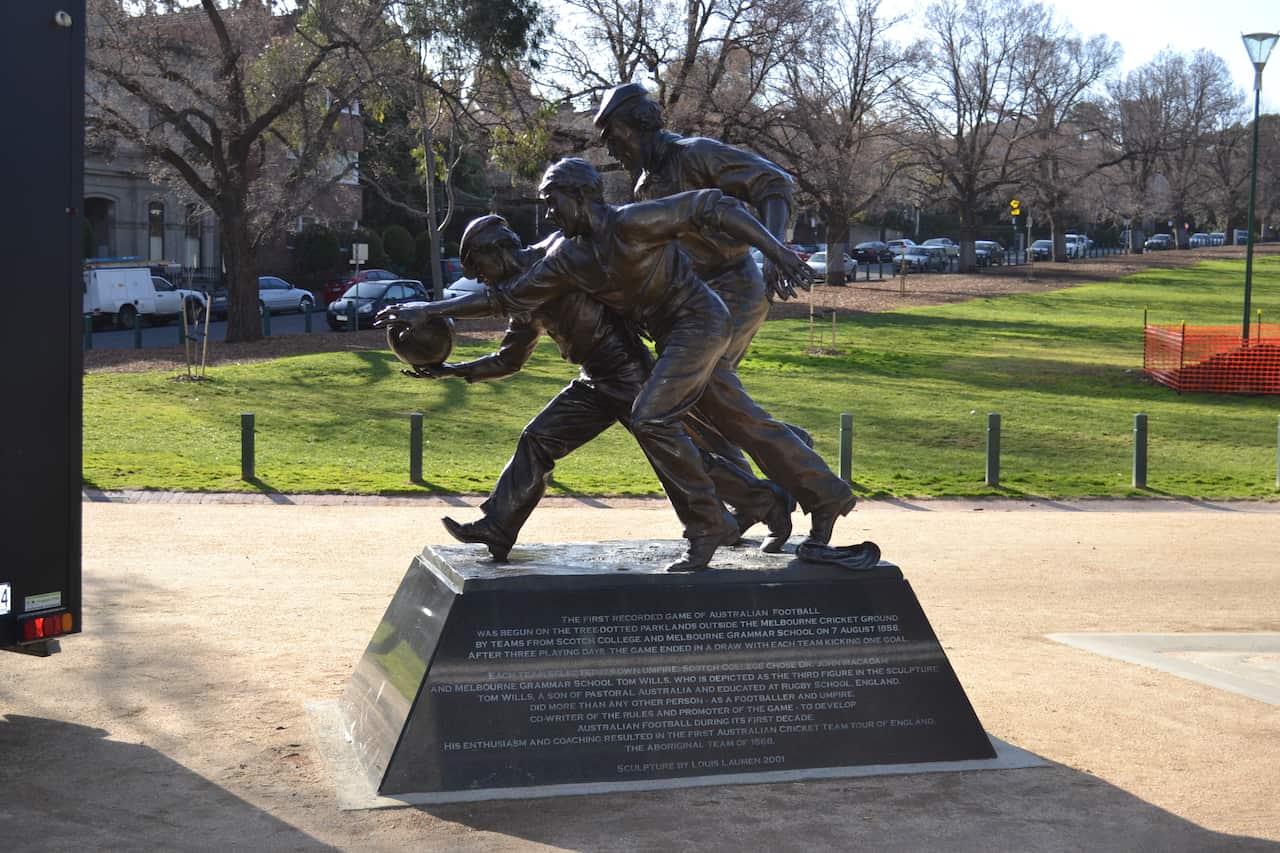 The statue featuring Tom Wills, outside the MCG.