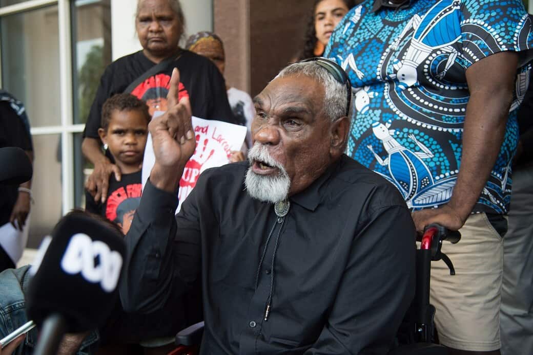 Warlpiri Elder from Yuendumu Ned Jampijinpa Hargraves speaks to the media outside the Northern Territory Supreme Court in Darwin,