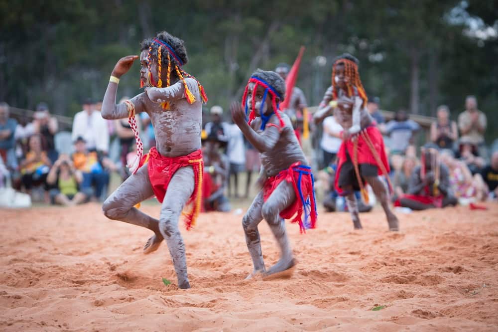 A supplied image obtained Saturday August 2nd 2014 shows a traditional ceremonial ( Bunggul) performance during the Garma 2014 festival at Gulkula in northeast Arnhem land, Australia. (AAP IMAGE/YOTHU YINDI FOUNDATION) EDITORIAL USE ONLY.