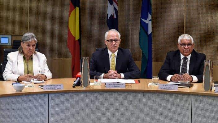 Pat Anderson (left) with Malcolm Turnbull and Mick Gooda