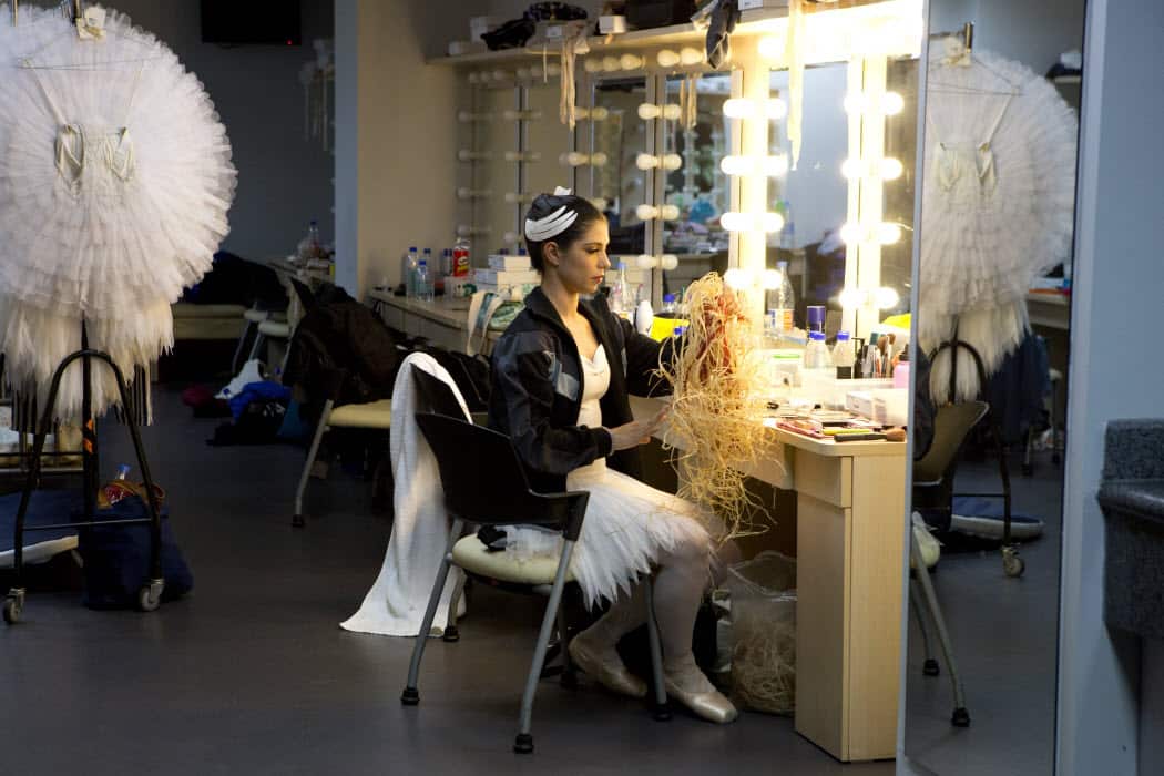 Dancer Ella Havelka weaving backstage at the National Centre for Performing Arts, Beijing