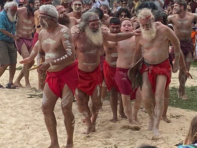 Bruce Pascoe dances with the Doonooch Dancers. 