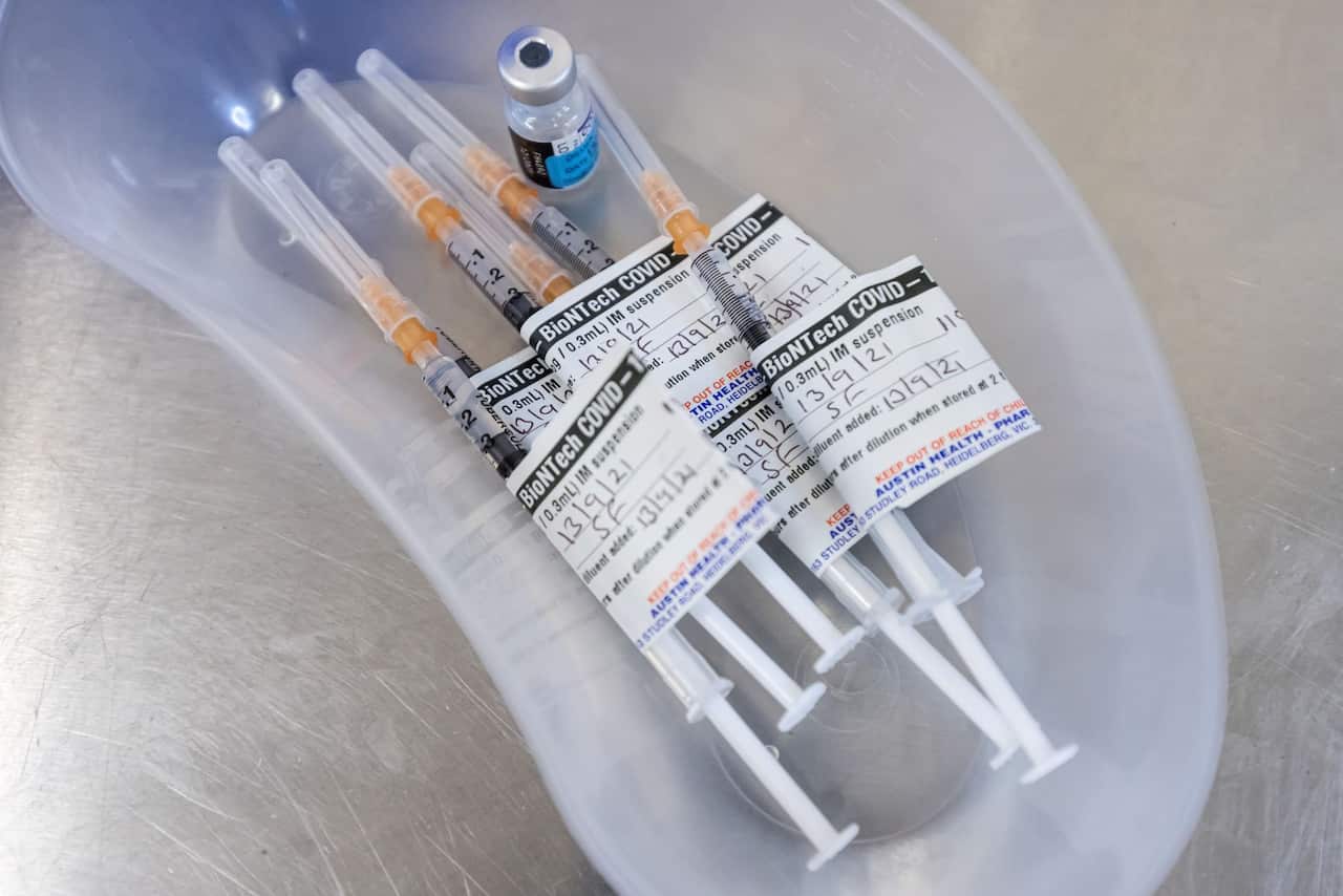 A tray containing COVID vaccines is seen in the pharmacy of the Heidelberg Repatriation Hospital vaccination hub in Melbourne, Monday, September 13, 2021.