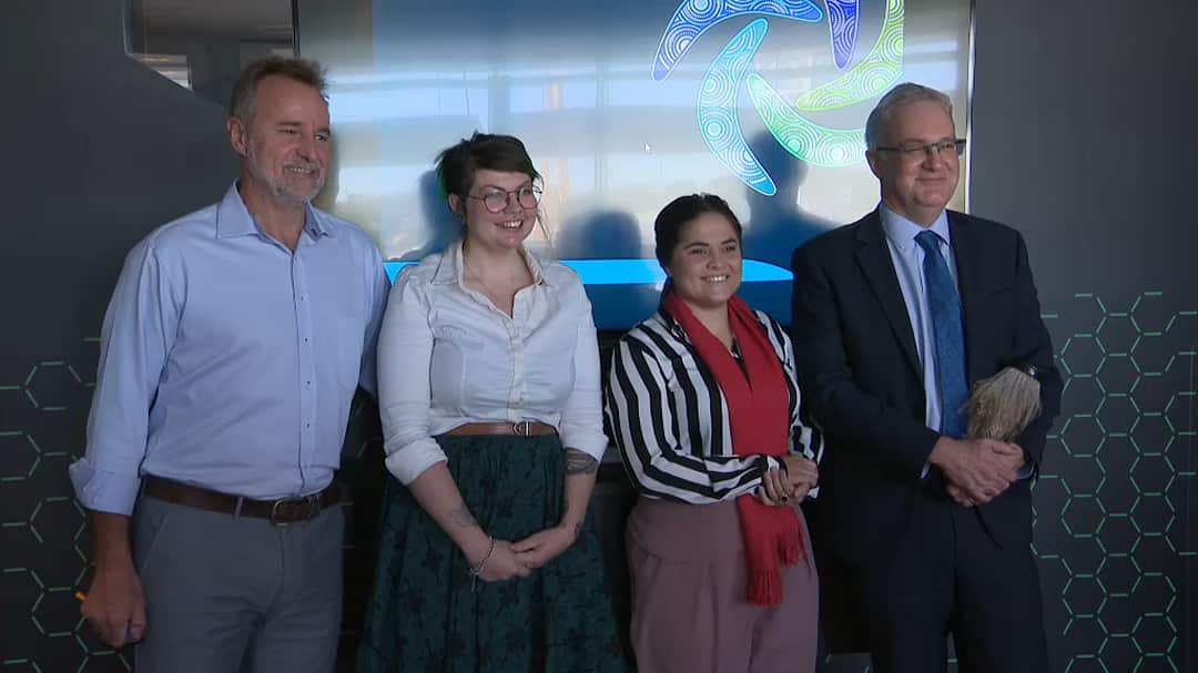 Indigenous Affairs Minister Nigel Scullion, Indigenous astrophysicist Karlie Noon, Torres Strait Islander engineer Louise Hitchcock and CSIRO's Trevor Heldt. 