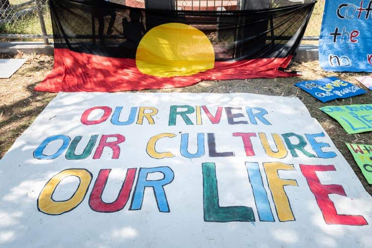 Banners from the day’s protest march at Wilcannia. John Janson-Moore