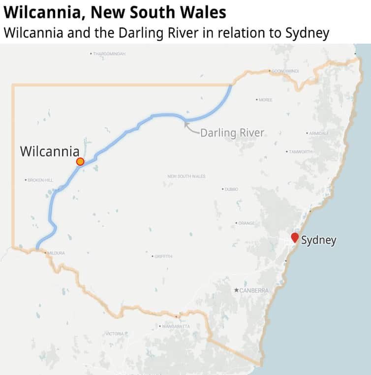 Map of NSW, marking the Darling River and Wilcannia