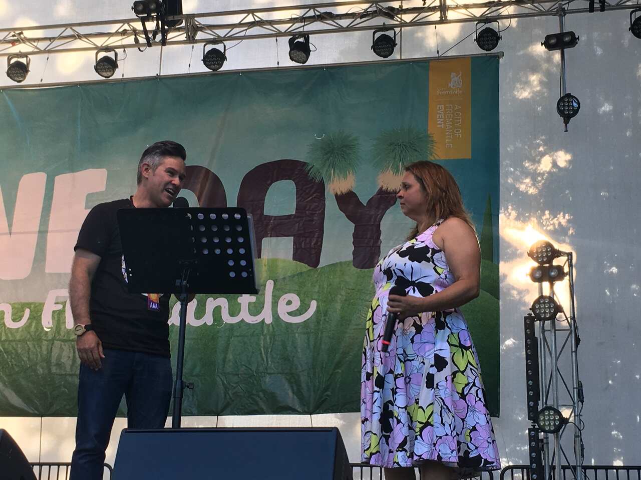 Gina Williams on stage with Fremantle Mayor Brad Pettitt.