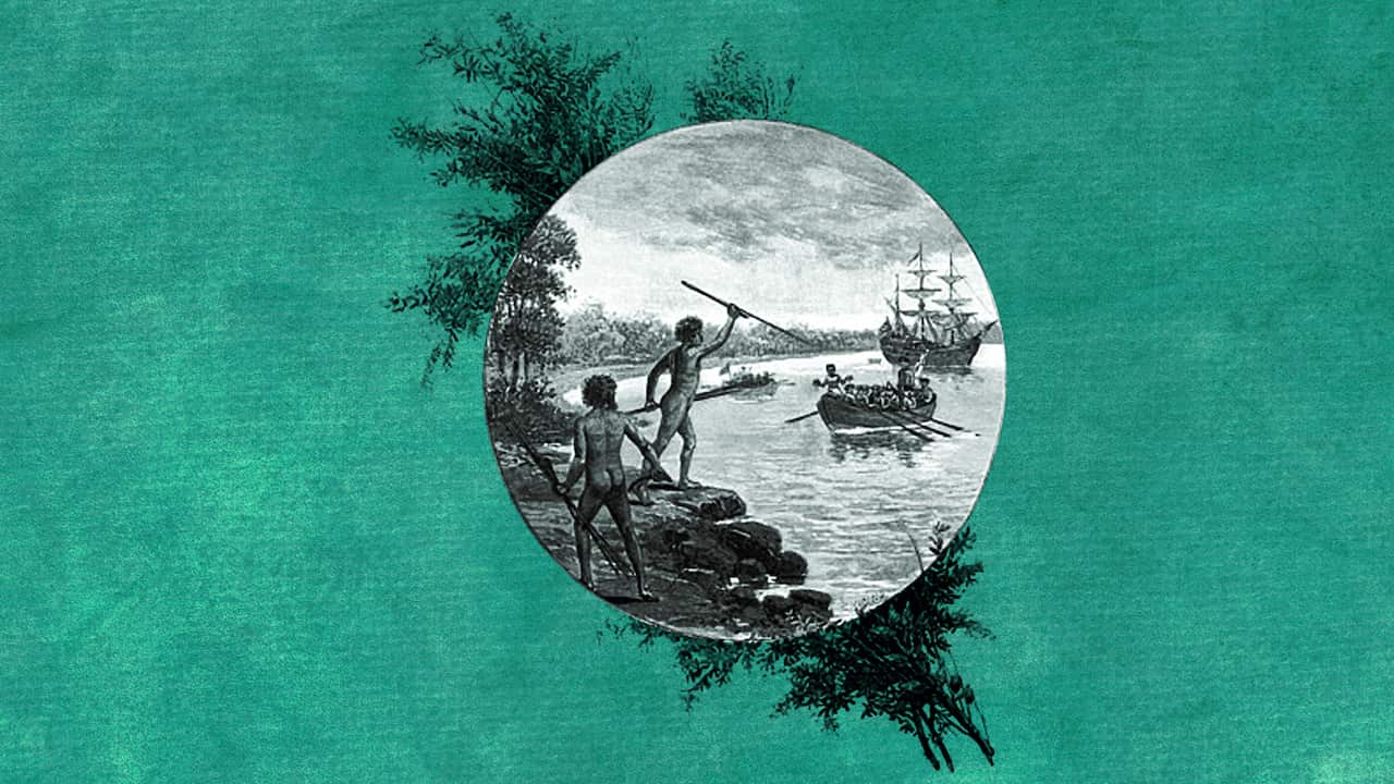 Gweagal people observe Cook's arrival at Kamay.