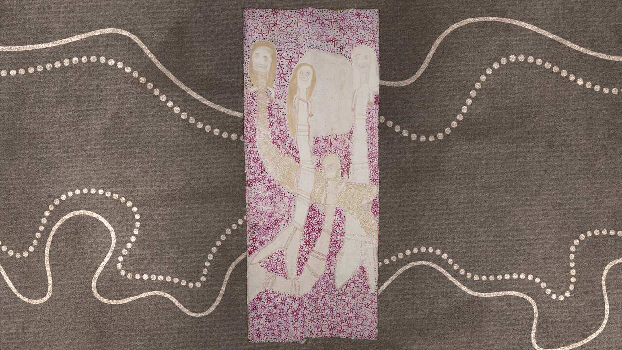 A long portrait painting with a purple dotted background, featuring three pale mermaids