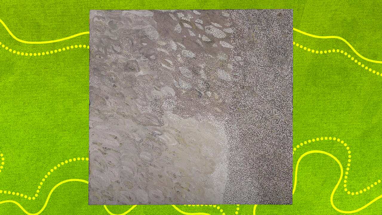 a grey painting resembling an aerial view of waterways and lakes