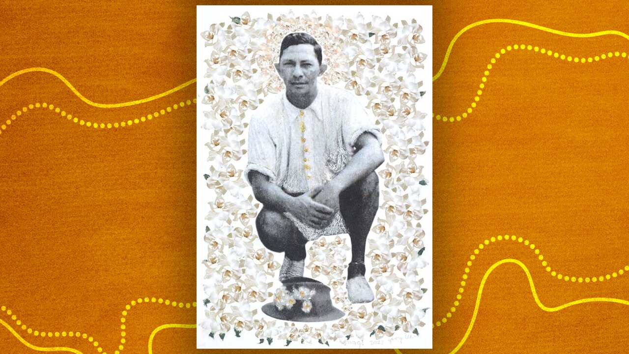 An oil pastel and pencil black and white drawing of a man kneeling with his hat