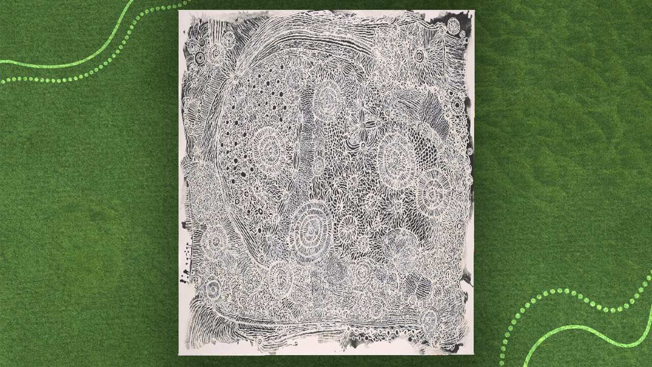 An intricate black and whitepainting featuring dots circles and stripes. 