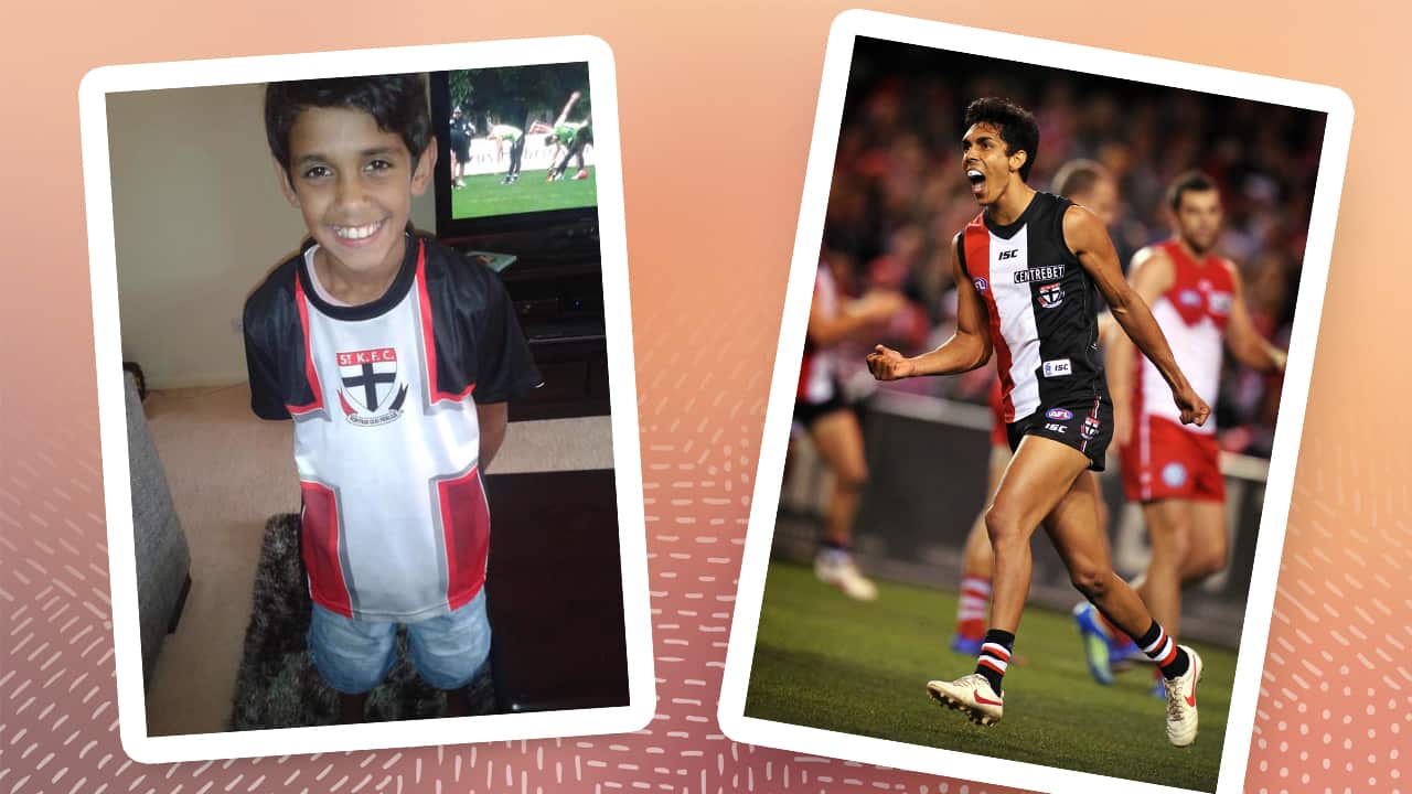 A young Nasiah Wanganeen-Milera in a St Kilda shirt (left) taken around the same time his father, Terry Milera played for the Saints between 2021-2014. 