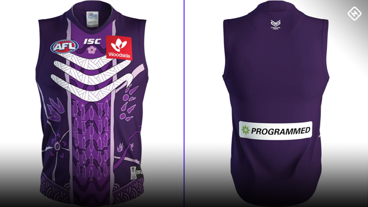 Fremantles 2019 guernsey was designed by Troy Cook, with Victor Bellotti and features the Gascoyne River