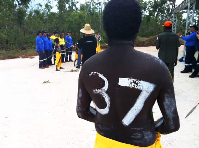 Garma Festival 2015, dancers wear the number 37 for Adam Goodes