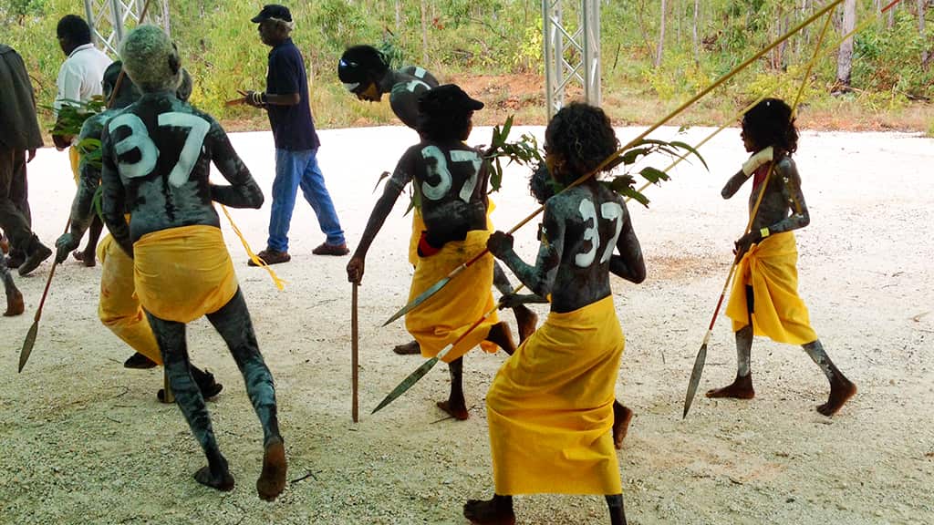 Garma Festival 2015, dancers wear the number 37 for Adam Goodes