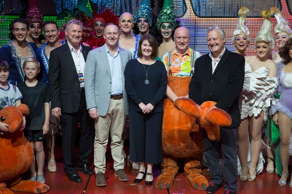 Priscilla's opening night with lead producer Garry McQuinn (left), New Zealand Prime Minister John Key and wife Bronagh, Ray Meagher and James Cundall (right) of