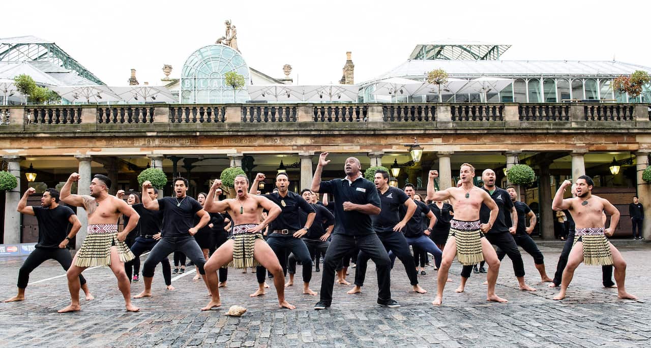 Jonah Lomu and members of the Ngati Ranana London Maori Club perform the Haka in central London ahead of the 2015 Rugby World Cup.