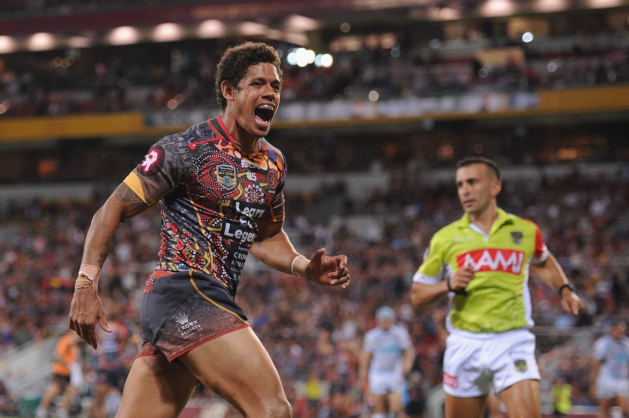 Dane Gagai celebrates scoring a try during the NRL match between the Indigenous All-Stars and the World All-Stars at Suncorp Stadium on February 13, 2016 in Brisbane, Australia. (Photo by Matt Roberts/Getty Images)