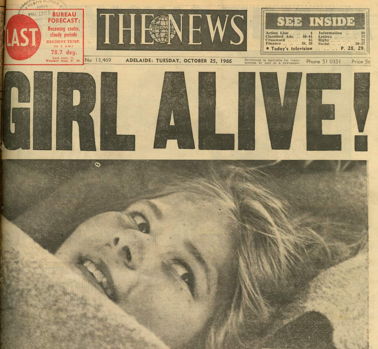Wendy Jane Pfieffer on the front page of the Adelaide newspaper 23rd October 1966.