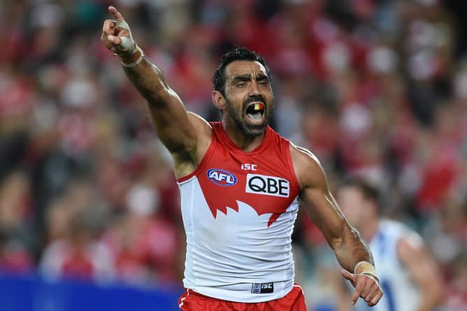 Adam Goodes of the Swans reacts during the first AFL semi-final between the Sydney Swans and North Melbourne at ANZ Stadium in Sydney, Saturday, Sept. 19, 2015.