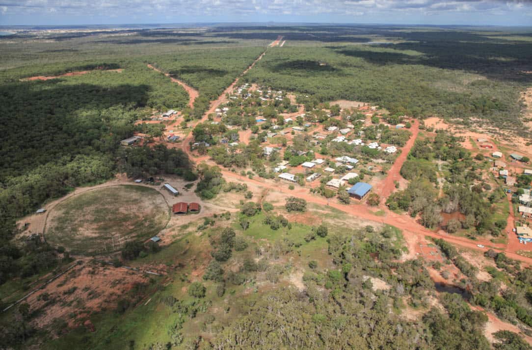 An aerial view over an Indigenous township on Groote Eylandt.