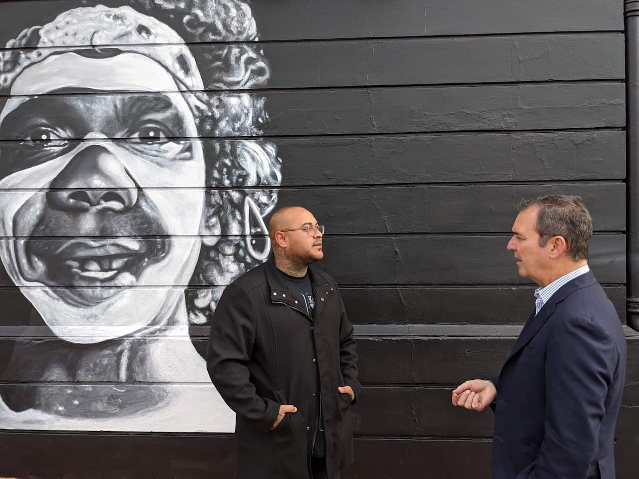 Ngarrindjeri artist, Thom Readett and South Australian Premier, Steven at the launch of the mural.